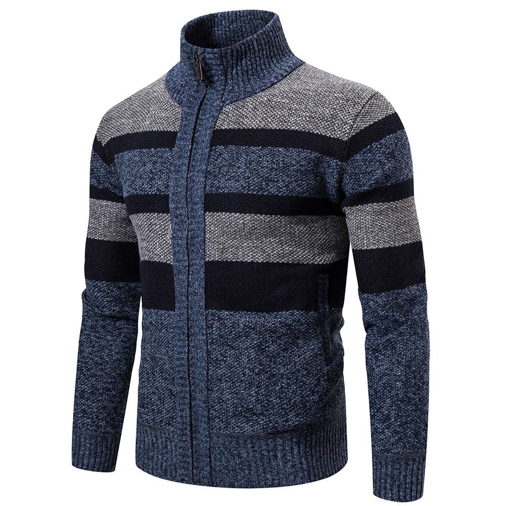 Men s Trend Striped Long Sleeve Knitted Sweater Men s Outdoor Stand-Up Neck Sports Cardigan Sweater M