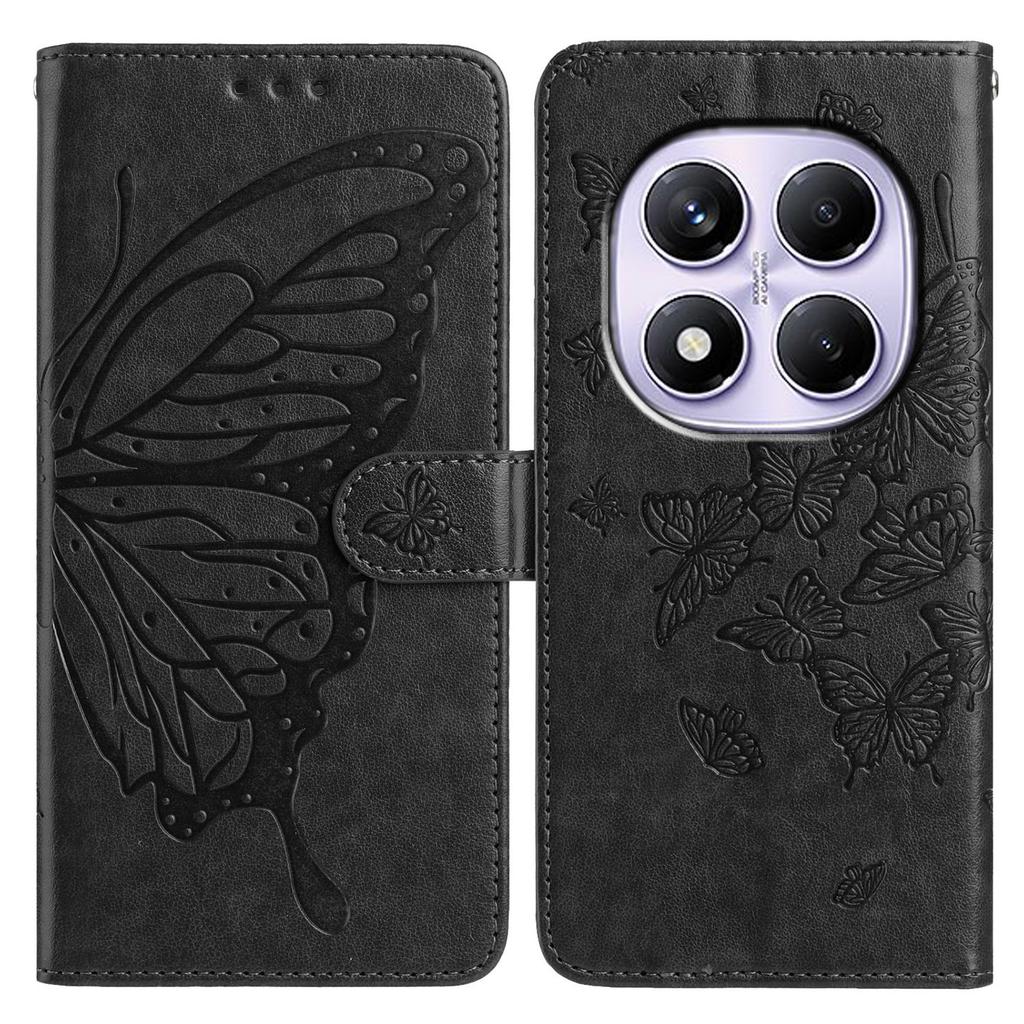 Brieftaschenhülle für Xiaomi Redmi Note 14 Pro 5G/14 Pro 4G/14 Pro+ 5G/Poco X7 5G PU-Leder Handyhülle mit Schmetterlingsprägung und Trageriemen