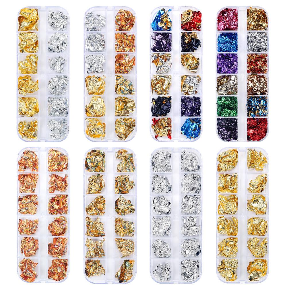 12 Grid Nail Art Gold Foil Paper Japanese Nail Art Highlight Gold And Silver Foil Fragments Box Diy Decorative Tin Foil Nail Sticker