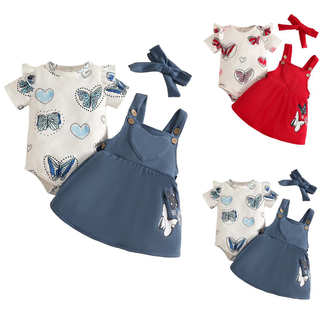 Summer Outfit Set Short Sleeve Butterfly Heart Bodysuit Corduroy Suspenders Skirt Headband