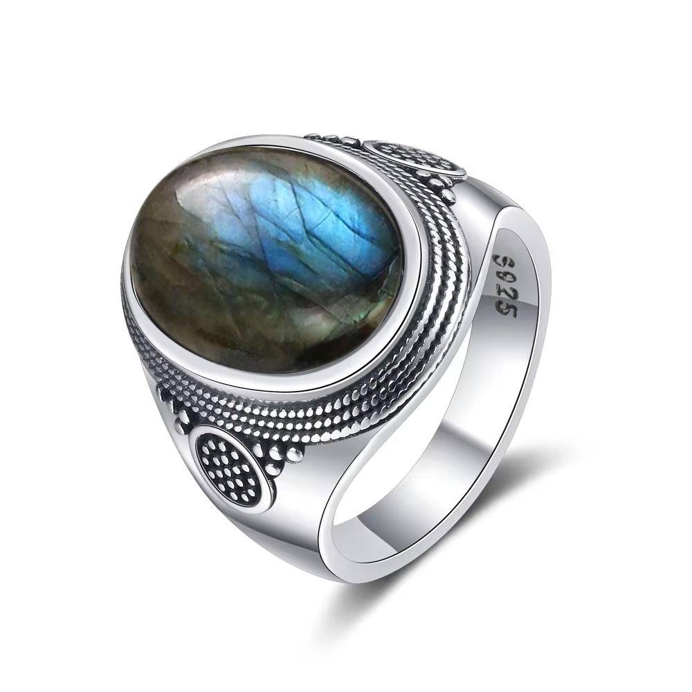 Vintage 925 Silver Ring Natural Moonstone Ring 10*14mm Oval Large Stone Retro Silver Fine Jewelry Gift For Women Men