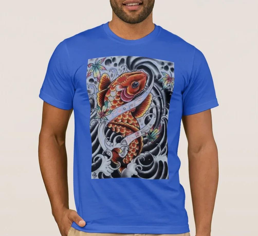 Colored KOI Tattoo Look Printed Premium TShirt Summer Cotton Short Sleeve ONeck Unisexs T Shirt New S3XL