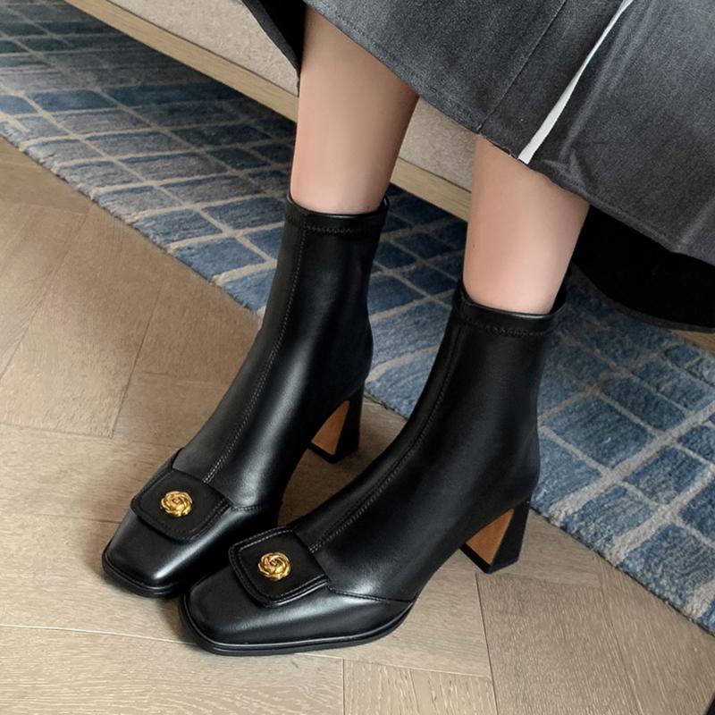 Fashion French Retro Square Toe Black Ankle Boots Women 2025 Winter Elegant High Heel Chelsea Boots Metal Decoration Designer Shoes 42