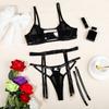 3 Pieces Set Womens Hot Sexy Lingerie Sets Sparkling Rhinestone Belt Hollow Bra And Panty Leg Circles Black Sheer Mesh Underwear