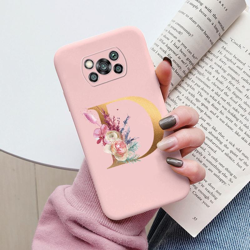 Letter Case For Poco X3 NFC PocoX3 Pro Back Cover Retro Flowers Pink Black Soft TPU Initial Fundas For Xiaomi Poco X 3 Pro Coque