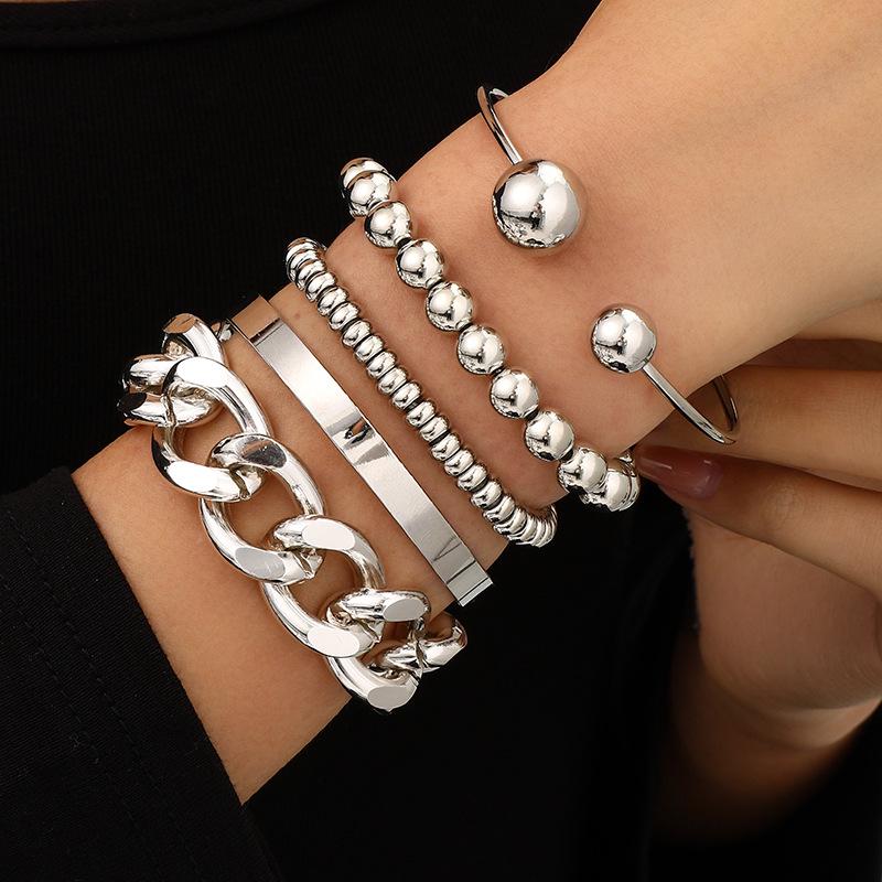

European Punk Layered Hip Hop Chain & Bead Bracelet Set - 5 Geometric Open Bangle Pieces for Women