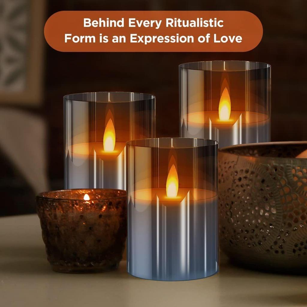 Real Wax LED Glass Pillar Flameless Candles | Faux Dancing Wick | Tinted Grey Glass | Battery Powered with Multifunctional Remote Controller