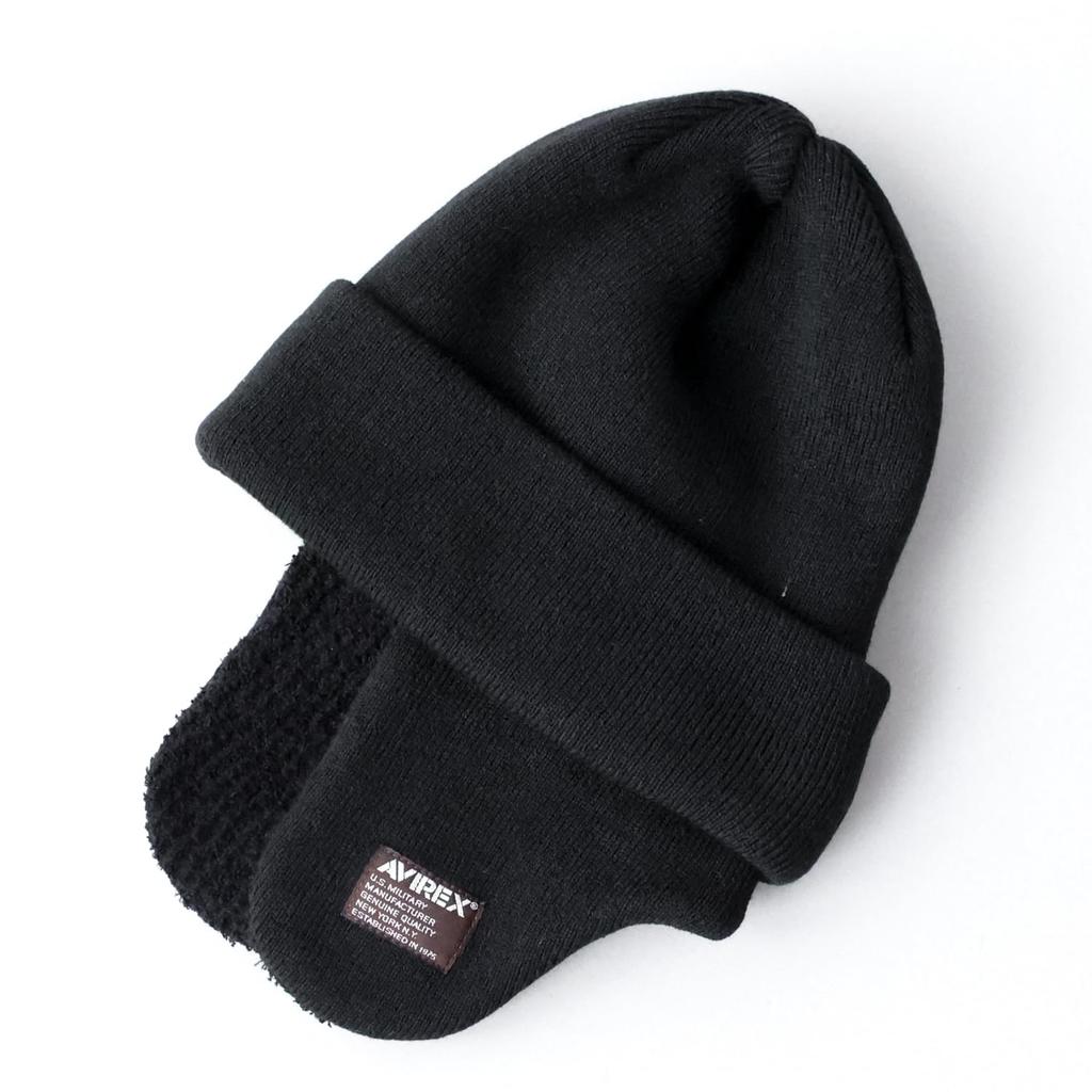 Avirex Knit Flight Acrylic Winter Military Knit Cap with Ear 047 Military-Spec Cap, Men's Flaps, Black,