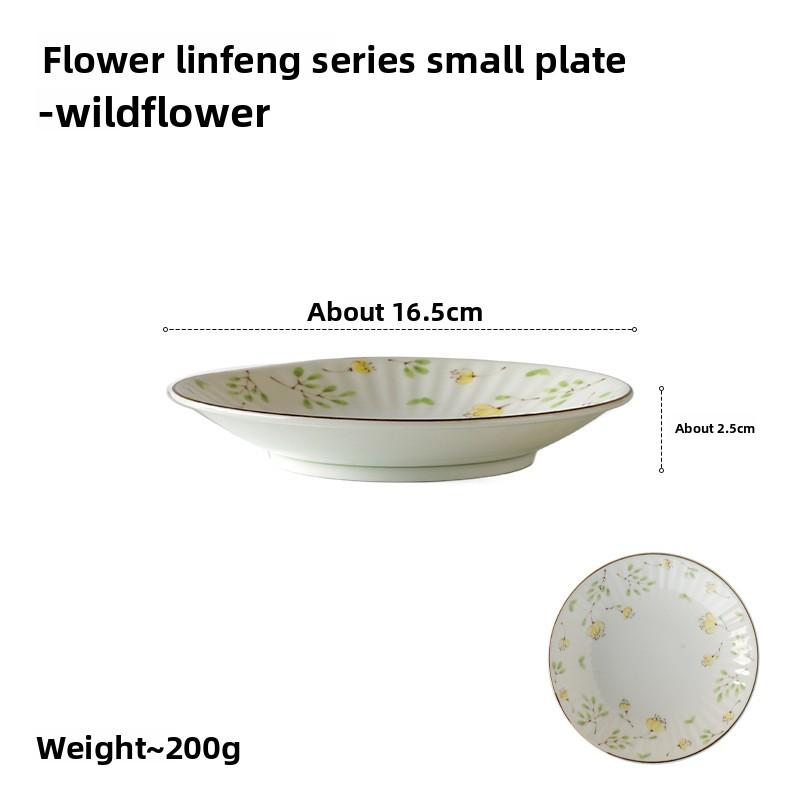 Japanese Style Ceramic Plate Retro Floral Print Small Dish for Dessert Fruit Salad Home Tableware