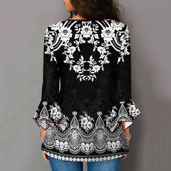 Vintage Shirt Gradient Color Printing Irregular Flare Sleeve Women Slim All