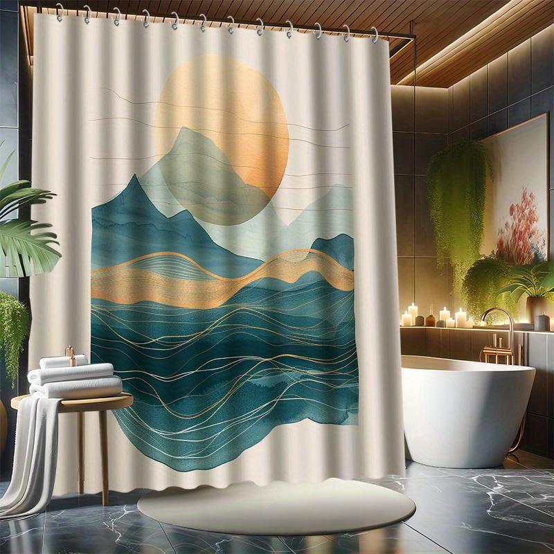 Modern Landscape Bathroom Set - Mountain River Sunshine Shower Curtain, Polyester, With 12 Hooks, Non-Slip Mat, Machine Washable