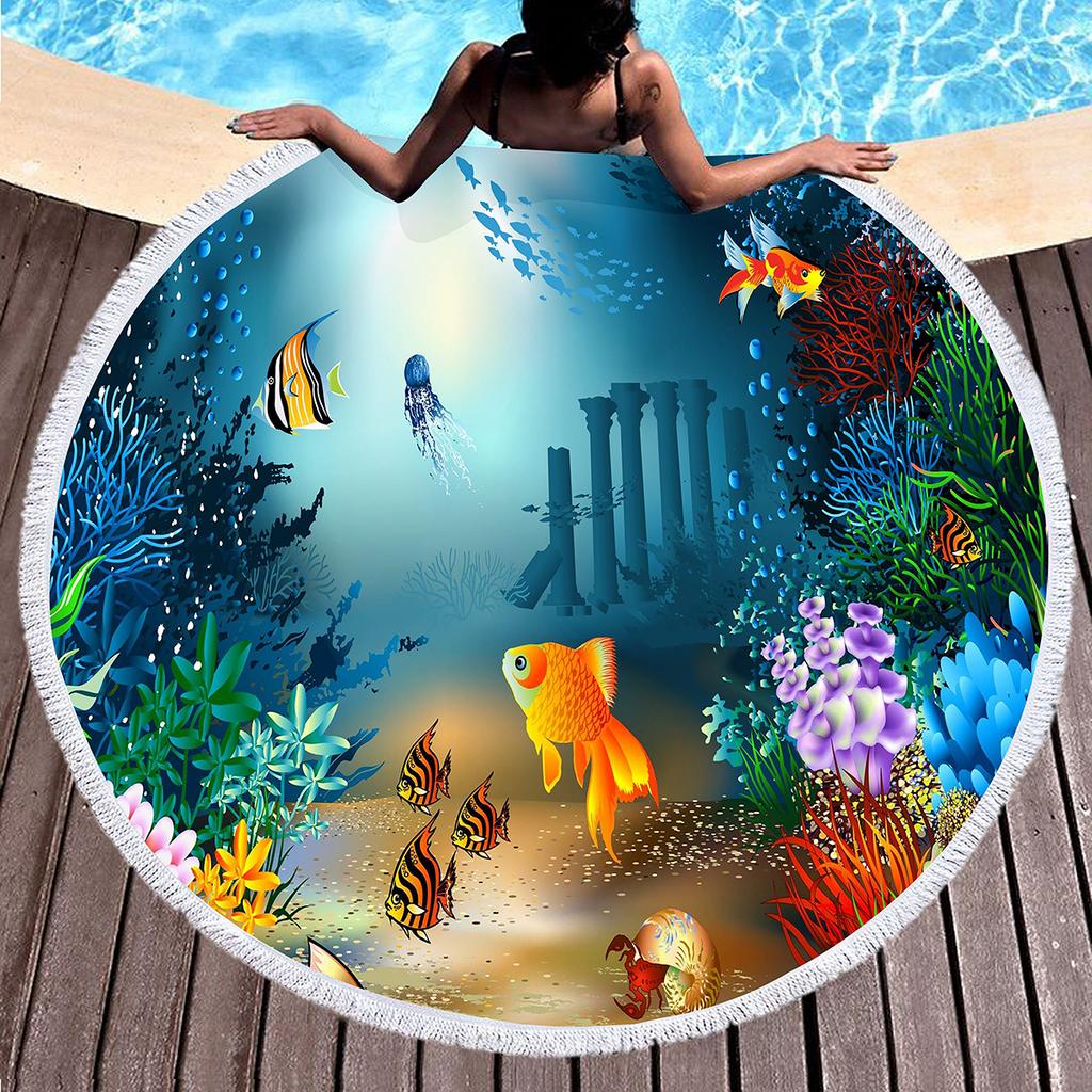 Underwater World Marine Animal Round Beach Towel with Tassels, Microfiber Quick Dry Sand Free Circle Bath Towel Gifts for Women