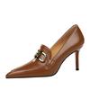BIGTREE Retro European Style Deep Cut Women's Shoes Thin Heels High Heels Pointed Metal Belt Buckle Deep Cut Single Shoes