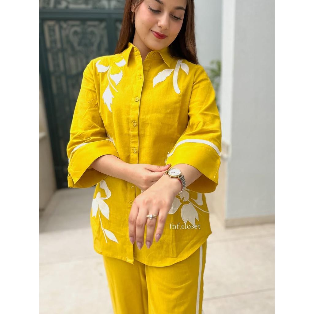 Yellow Floral Embroidery Shirt Cord Set Women Designer Ethnic Top Kurta Pant Set
