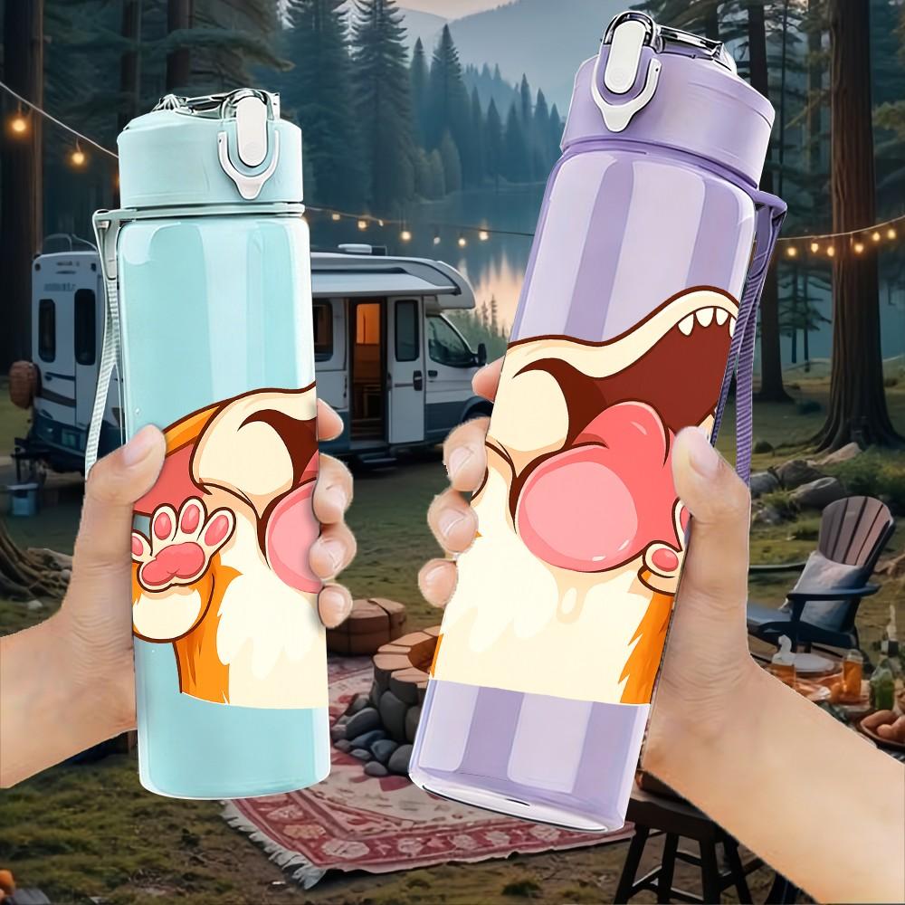 1PC Tongue Out Cow Illustration 750ml Color Plastic Sports Water Bottle Leakproof Flip Straw Lid Suitable for Sports Office Home Use