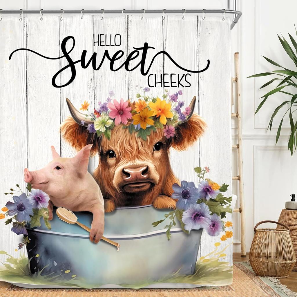 Highland Cow Shower Curtain Rustic Farm Animal Cattle Donkey Pig Chicken Flower Plant Leaves Sunflower Bathroom Decor with Hooks