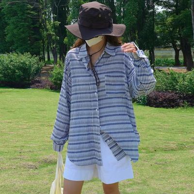 Camicia a Quadri a Contrasto Stile Pigro Giapponese Coreano Top Protezione Solare a Maniche Lunghe Casual Ampi da Donna