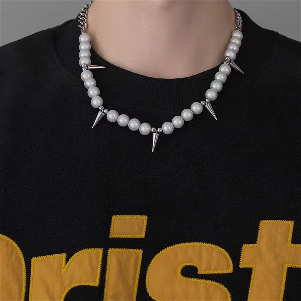 

New Imitation Pearl Chain with Spikes Short Choker Necklace Men Hip Hop Thick Copper Color Titanium Steel Fashion Zircon Women