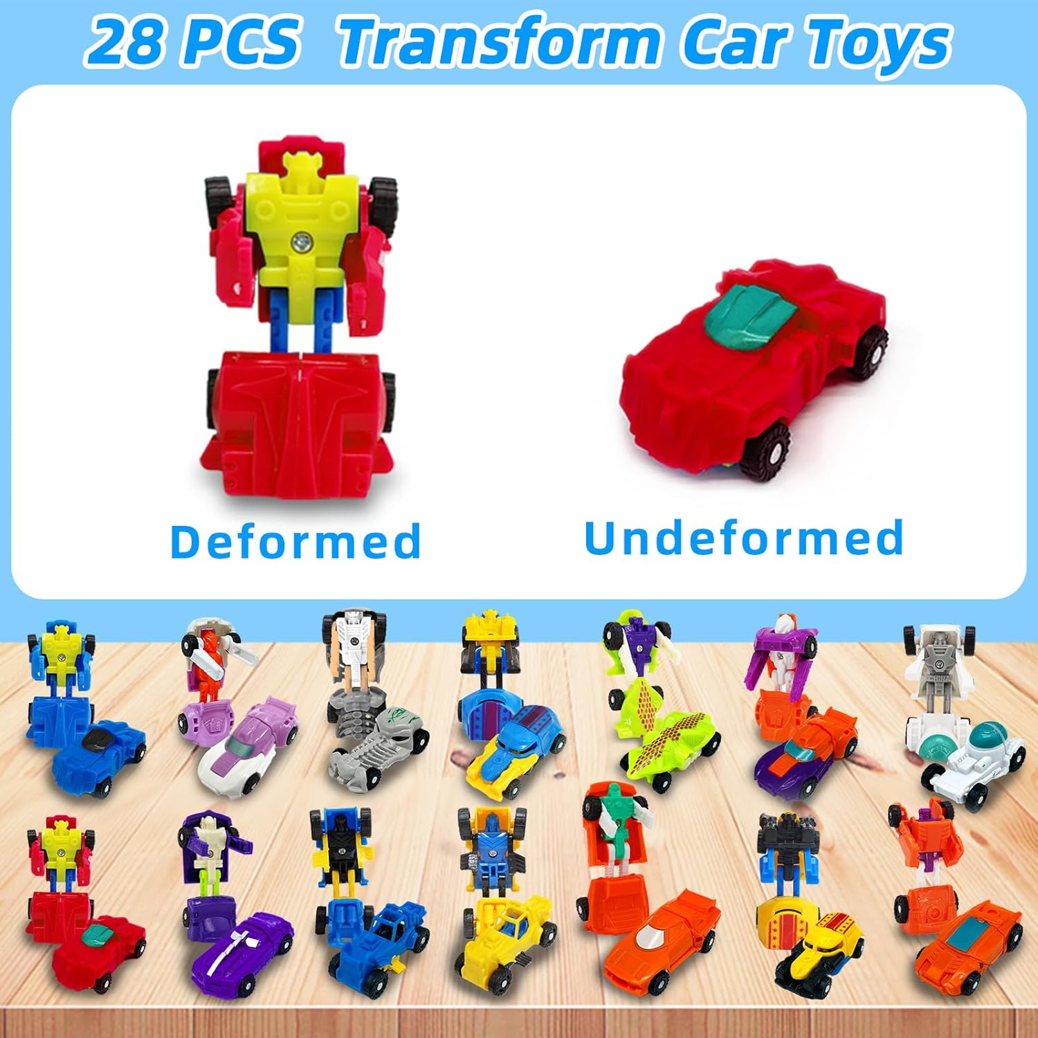 28 Pack Transforming Car Robot Toys for Kids, 14 Styles Prefilled Mini Vehicle Halloween Party Favors for Boys Girls, Birthday Gifts, School