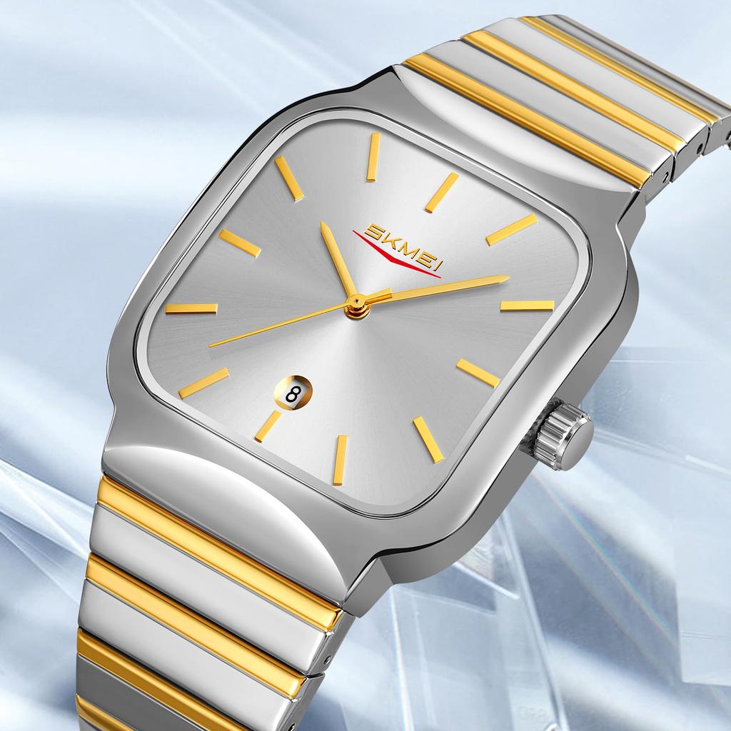 Nye firkantede herreklokker Mote Kalender Kvartsverk Rustfritt stålreim Vanntett Kvartsklokke