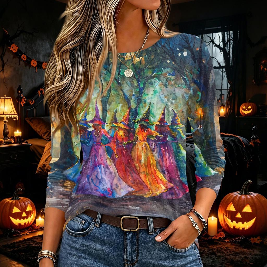 Women's Halloween Print Long Sleeve Neck Pullover Top