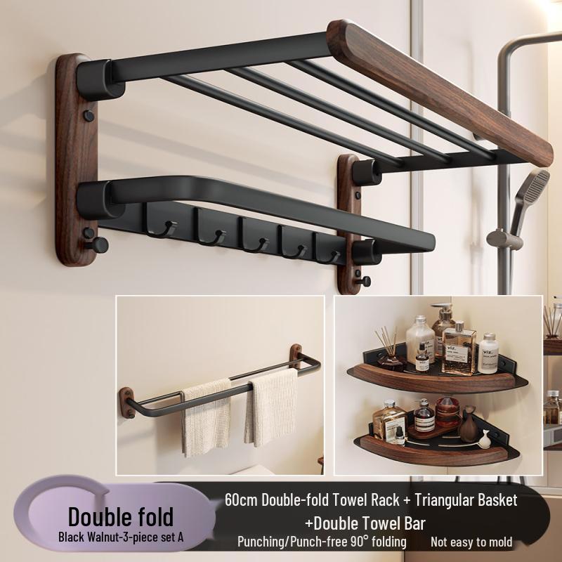 Handon Punch-Free Walnut Double-Folding Towel Rack & Shelf Set