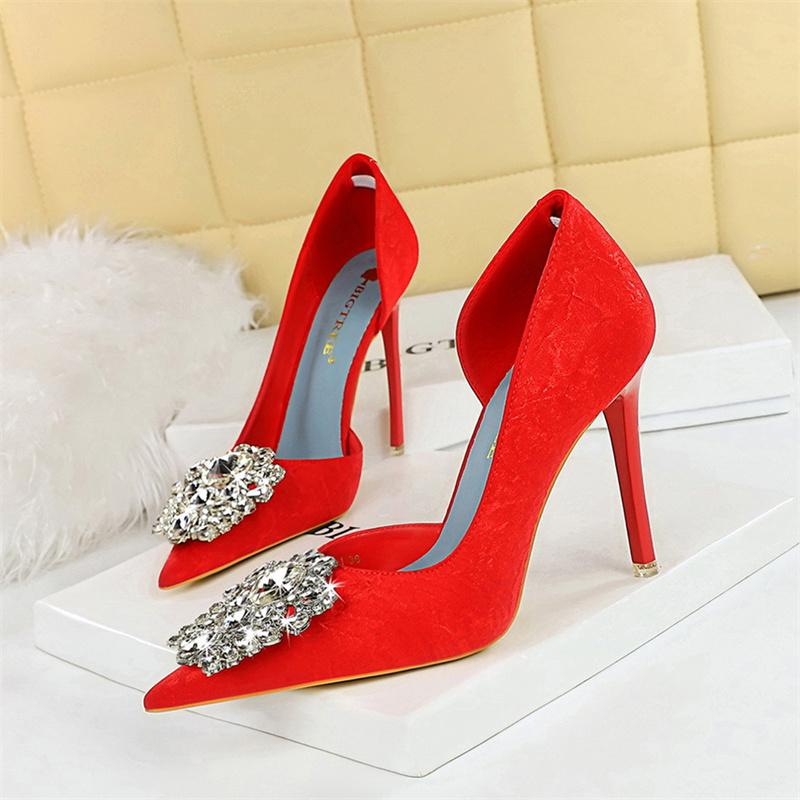 Fashion Spring Banquet Women's Shoes Thin Heels High Heels Shallow Mouth Pointed Toe Side Hollowed Out Rhinestones Single Shoes