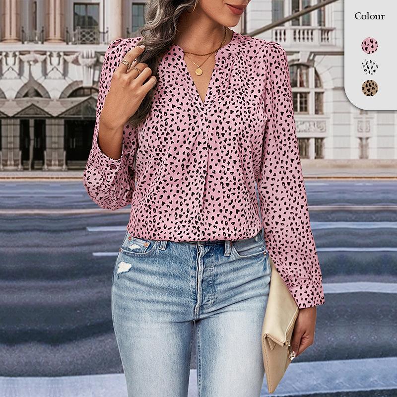 YYFS Chemisiers et chemises à manches longues et col en V pour femmes, imprimé léopard, décontracté, printemps-automne