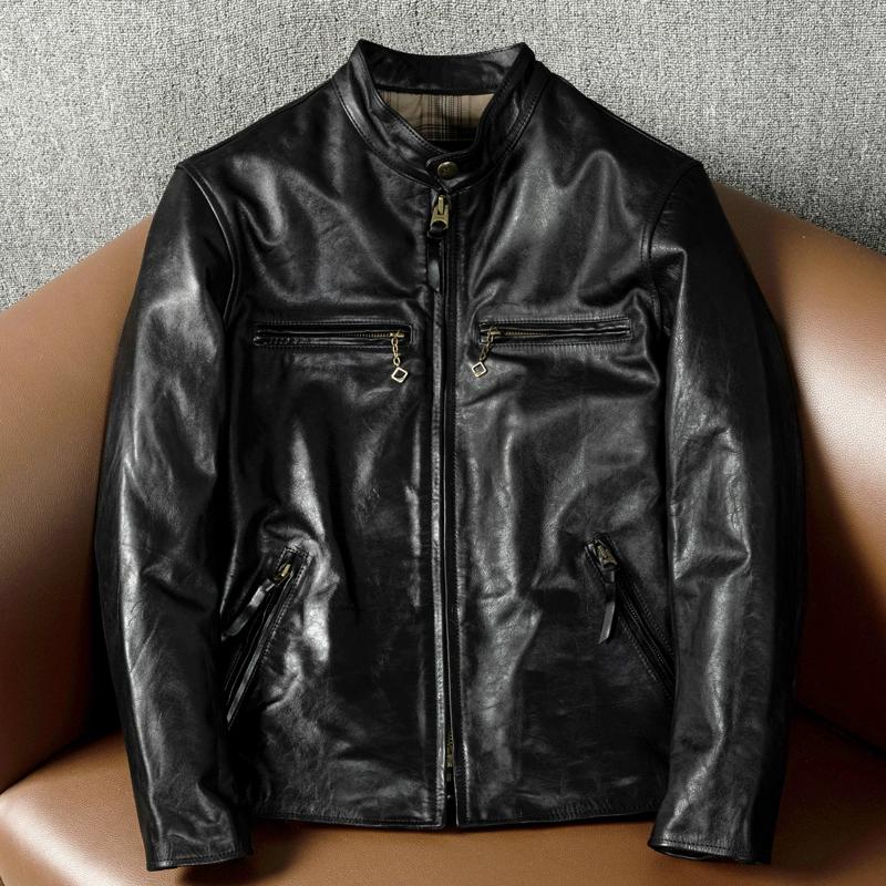 

Мужская куртка из вощеной лошадиной кожи, процесс Tea Core, приталенный крой, байкерская куртка, воротник-стойка, короткий стиль S