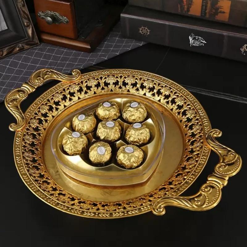 European Vintage Fruit Plate, Alloy Household Round Hollow Lace Plate, Gold Snack Hotel Dinner Plate, Home Table Decoration