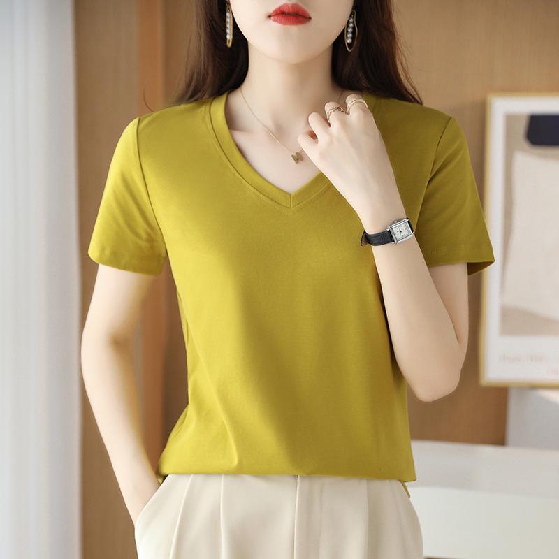Women's V-Neck Mercerized Cotton Short-Sleeve T-Shirt - 2025 Summer Collection, Sweetheart Neckline