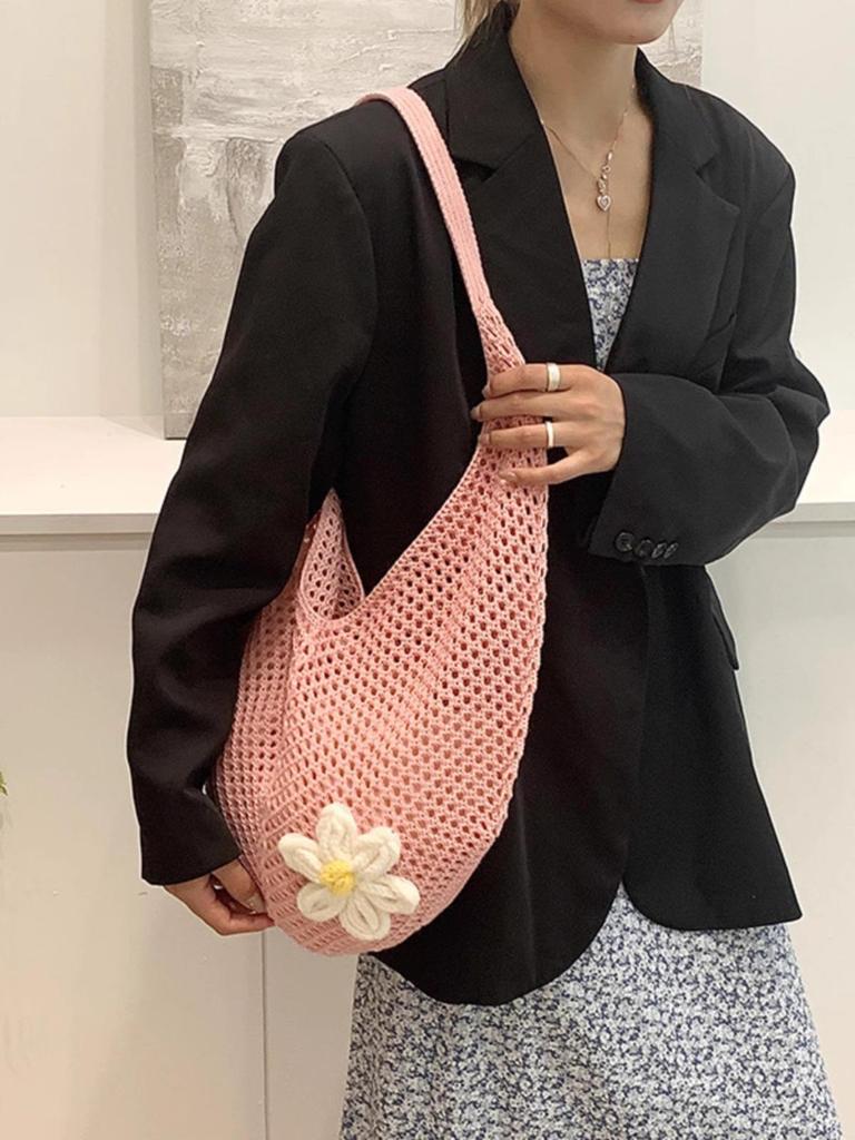 Korean Chic Crochet Mesh Shoulder Bag – Women’s Hand-Knitted Large Tote for Summer Beach