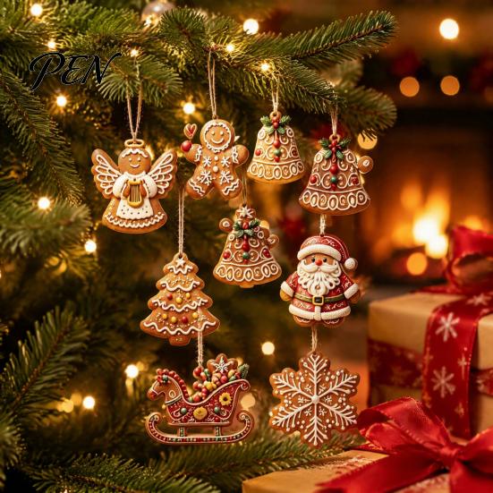 Decorative Wooden Holiday Pendants Christmas Gingerbread Style Ornaments with Natural Hemp Rope, Retro Festive Hanging Tree for Home Party Wall Window