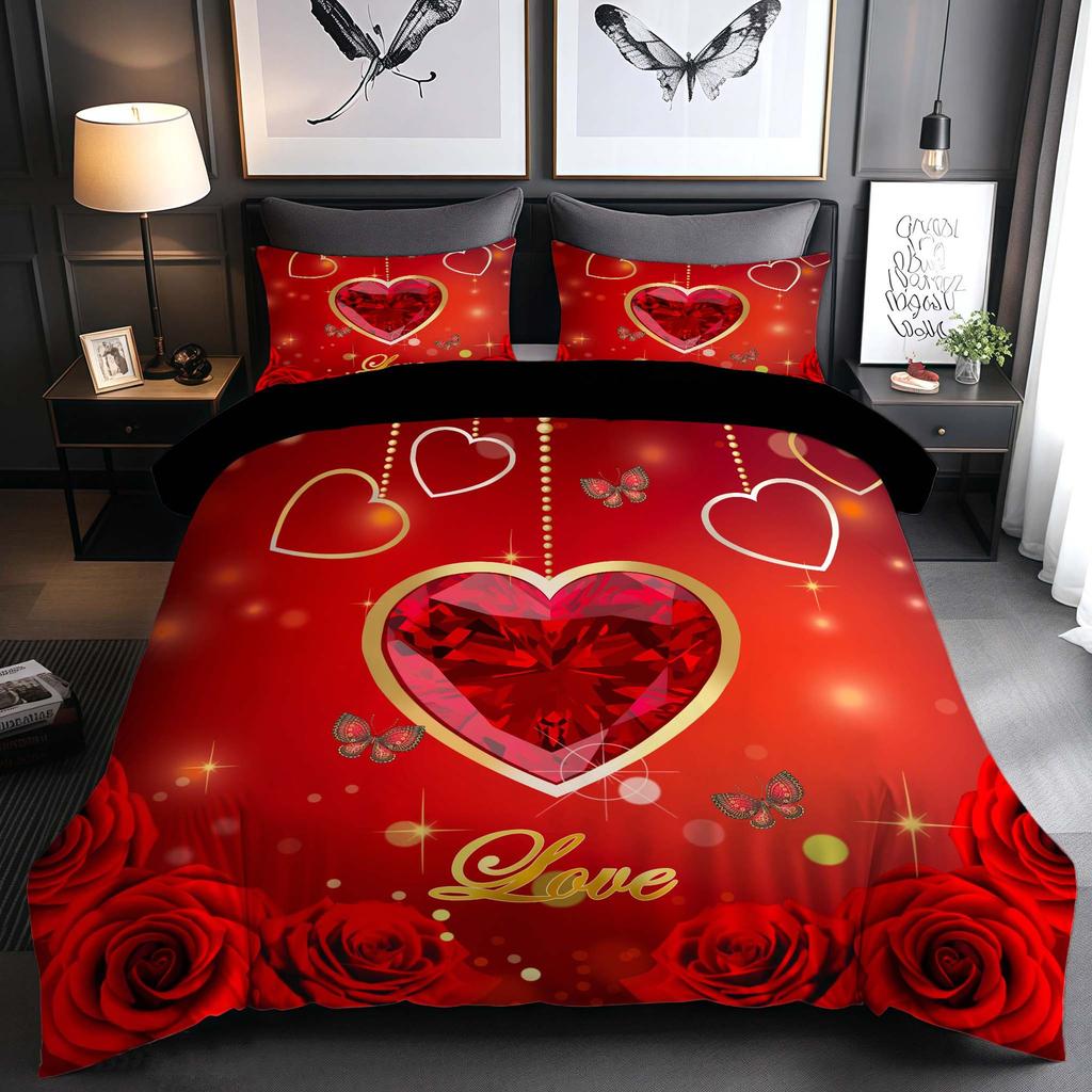 Red Festive Romantic Love Rose Digital Printing Retro Three-Piece Wedding Quilt Cover Bedding Couple