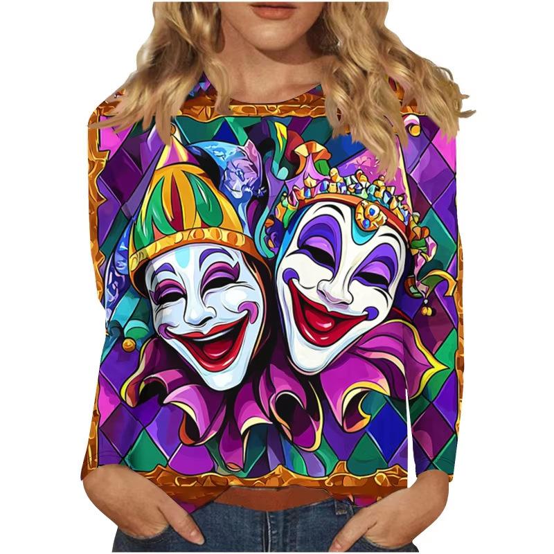 3D Mardi Gras Mask Printed Top Casual Long Sleeved Women's T-shirts - Soft Medium Stretch Polyester Fabric Spring and Autumn Relaxed Fit Clothing