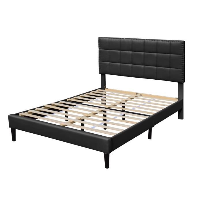 Bed - BLACK - Riley - 140x190 Cm - Slatted Base - Upholstered Headboard