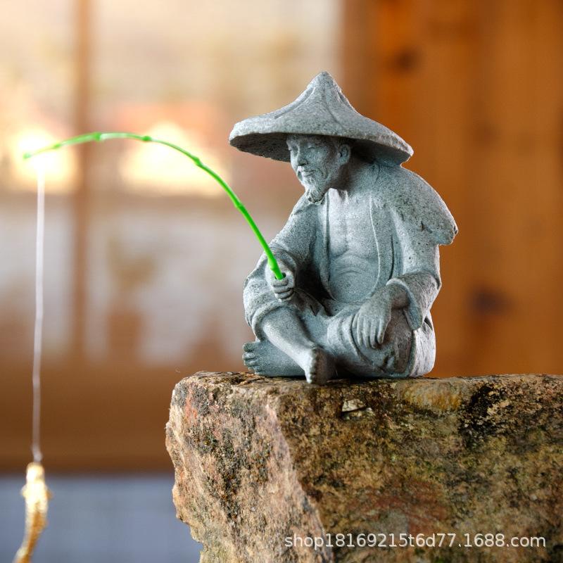 Fisherman Ornament Resin Unique Light Gray Old Man Fishing Statues for Rock Garden Ecological Fish Tank Micro Landscape