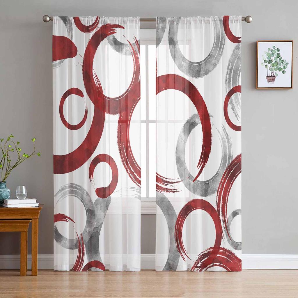 Geometric Paint Brush Circles Red Gray Bedroom Curtains Tulle Sheer Curtain Living Room Home Decor Voile Drapes