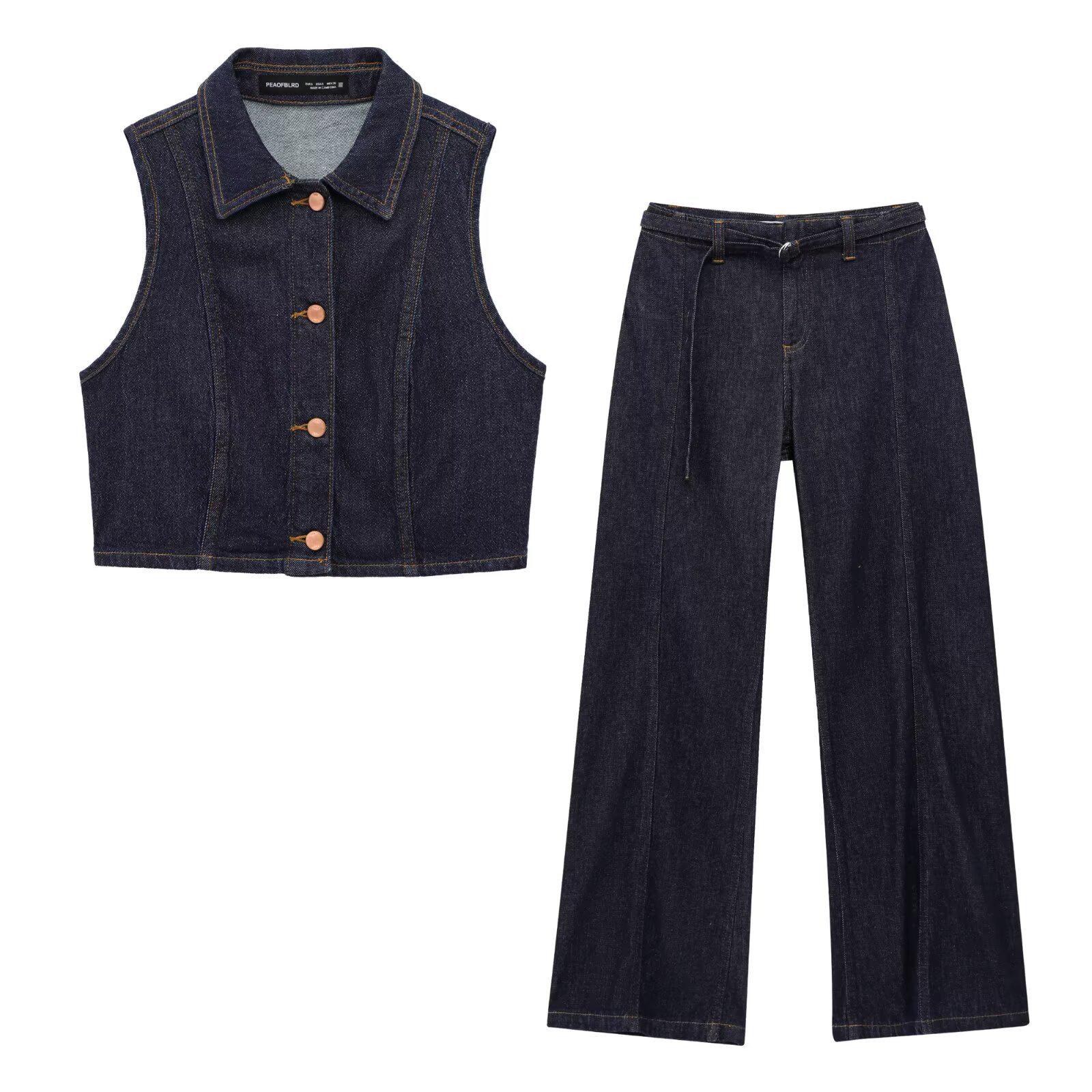 

Spring Retro Denim Vest & Flared Jeans Set for Women XS