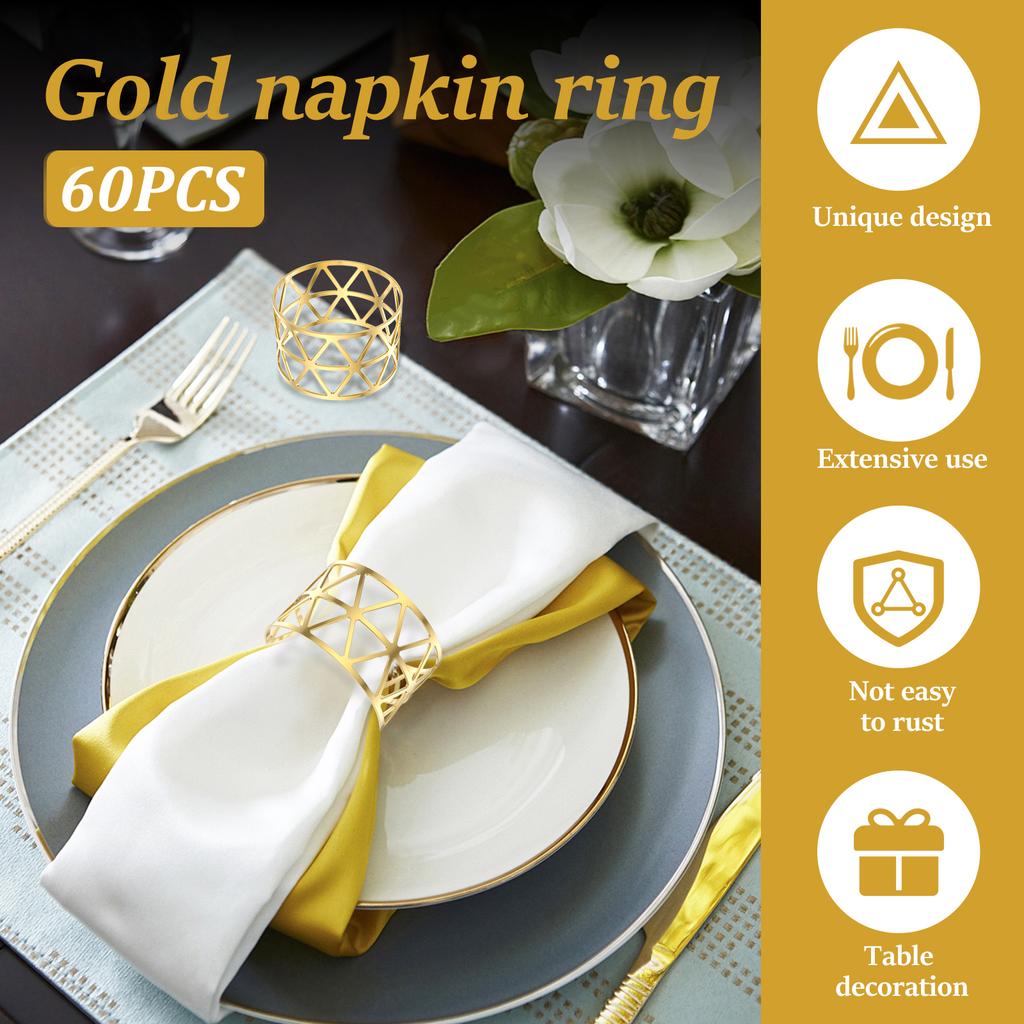60/24Pcs Gold Napkin Rings Bulk Metal Napkin Holders Hollow Serviette Buckle for Wedding Birthday Party Dinning Table Decoration