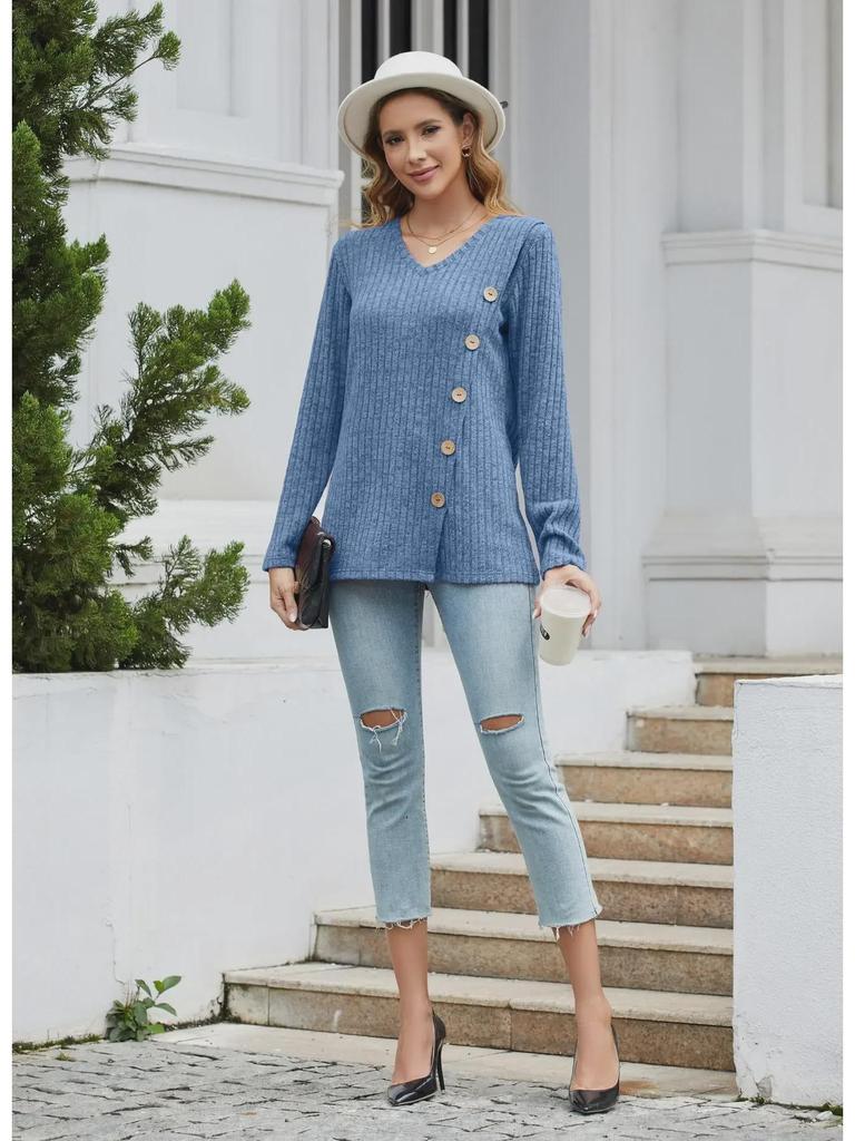 2023 Women's Autumn & Winter V-Neck Button Split Loose Long-Sleeve T-Shirt Top