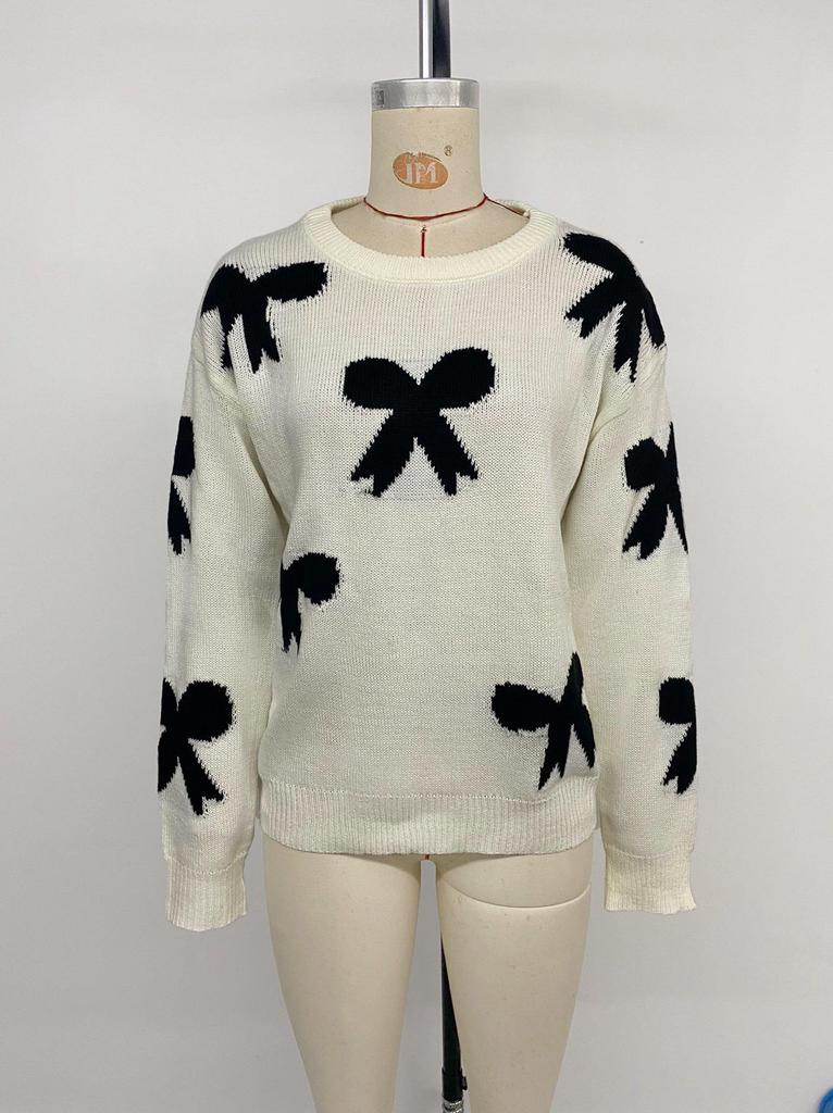 2026 Autumn/Winter Women's Bow Jacquard Round Neck Long Sleeve Sweater