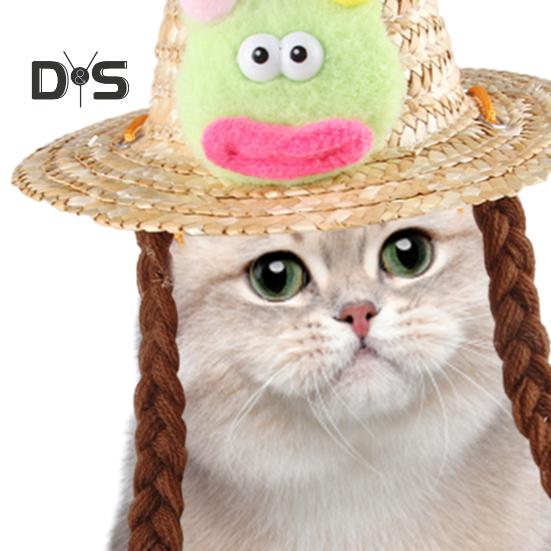 Pet Braided Hat Dog Straw Woven Hat Adjustable Pet Summer Shade Hat with Cute Frog Doll Pet Dress Up Prop Outing Headwear