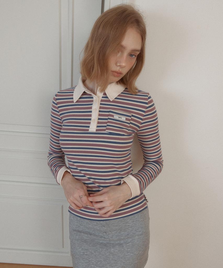LETERIE Stripe Collar Long Sleeve Tee_Purple