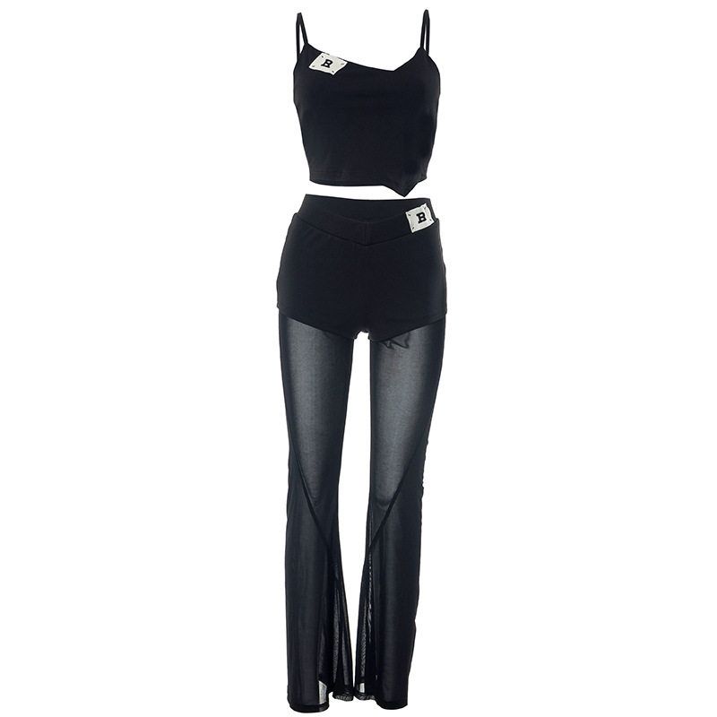 

Mesh Spinning Suspenders Pants Set Mesh Splicing Sling Pants Suit Black D23St014 S