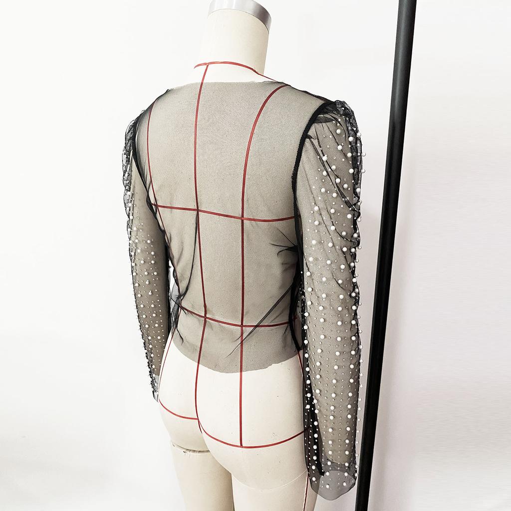 Women's Summer Rhinestone Bubble Sleeve Mesh Top
