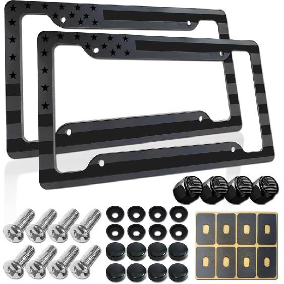 BGGTMO Mounta License Plate Frame- Black Aluminum Car Tag Cover Holder With Stainless Steel Screws Caps, Snow Mountain Tree Decal Sticker, 1 Pack 2