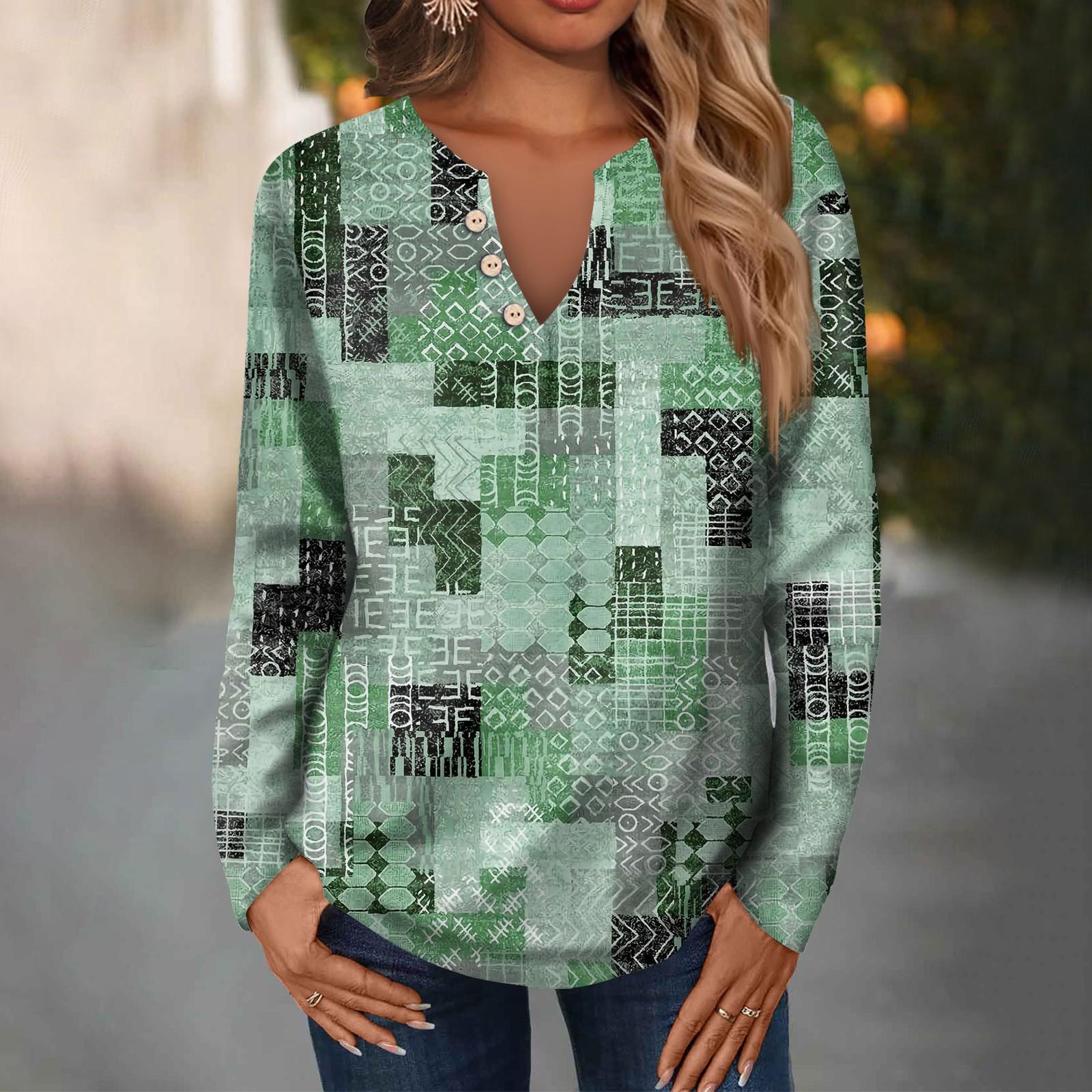 

Женская модная повседневная свободная футболка с v-образным вырезом и длинным рукавом, женский топ с декоративными пуговицами