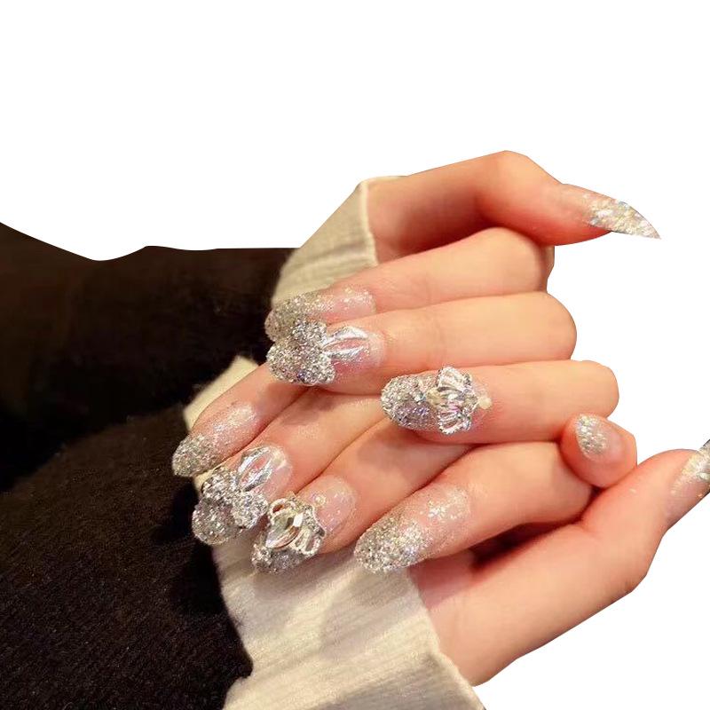 Silver Powder Butterfly Bride False Nails - Wearable, Removable Nail Art Patches for Studio Use