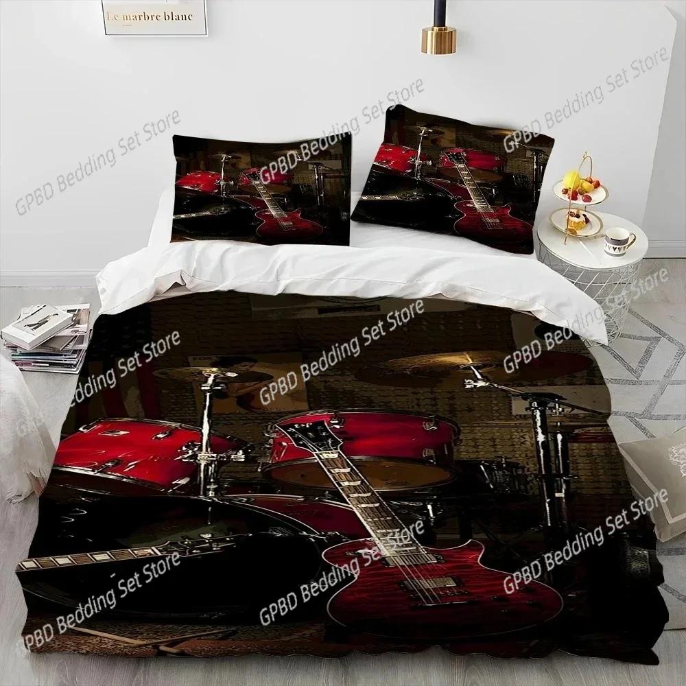 Drum Kit Music Instruments Guitar Bedding Set Duvet Cover Bed Set Quilt Cover Pillowcase Comforter King Queen Size Boys Adult